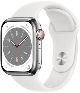 Apple Watch Series 8 GPS + Cellular 45mm Silver S. Steel Case w. White S. Band MNKE3