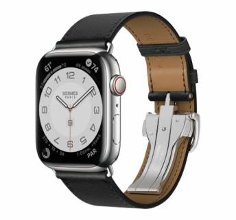Apple Watch Series 7 Hermes GPS + Cellular, 45mm Silver Stainless Steel Case (MKMG3) with Noir Swift Leather Single Tour Deployment Buckle (MHLU3) MKMG3/MHLU3