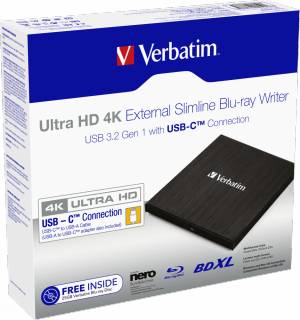 Оптический привод Verbatim Ultra HD 4K External Slimline Blu-Ray Writer USB 3.2 Gen1 USB-C Black 43888