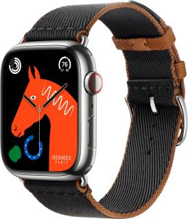Apple Watch Hermès Series 9 GPS + Cellular 45mm Space Black Stainless Steel Case with Noir/Gold Twill Jump Single Tour MRQQ3+MTHH3