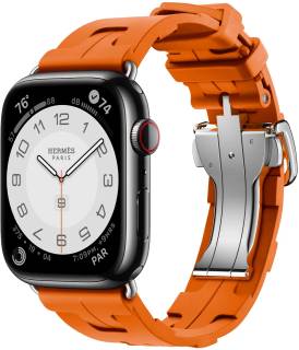 Apple Watch Hermès Series 9 GPS + Cellular 45mm Space Black Stainless Steel Case with Orange Kilim Single Tour MRQQ3+MTJ03