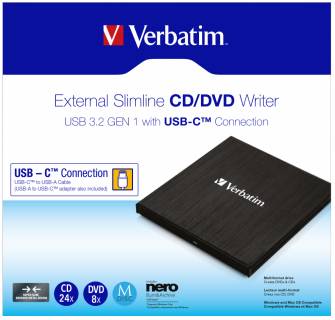Оптический привод Verbatim Slimline CD/DVD±RW WRITER USB 3.2 Gen1/ USB-C 43886
