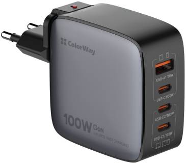 ColorWay Power Delivery GaN (USB-A + 3USB TYPE-C) (100W) Black CW-CHS047PD-BK