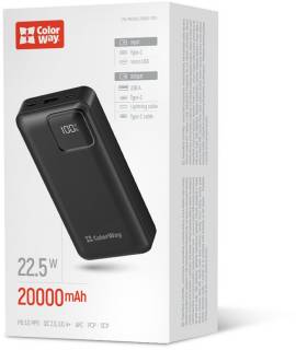 Дополнительные внешние аккумуляторы ColorWay 20 000 mAh Optimal Power PD/22.5W, QC/3.0, Black CW-PB200LPB5BK-PDD