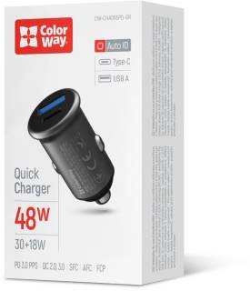 Зарядные устройства ColorWay USB-C PD30W + USB QC3.0 car adapter CW-CHA065PD-GR