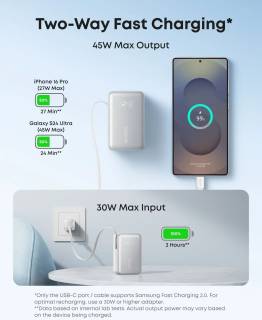 Дополнительные внешние аккумуляторы ANKER 10000mAh Nano 45W, Built-In USB-C Cable, White A1638H21