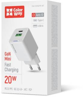 Зарядные устройства ColorWay USB-C PD20W + 1xUSB QC4.0 white CW-CHS062PD-WT