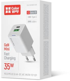Зарядные устройства ColorWay GaN Mini 35W PD Port PPS USB (Type-C PD + USB QC4. CW-CHS055PD-WT