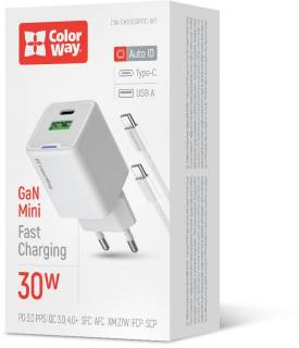Зарядка ColorWay GaN Mini 30W PD Port PPS USB (Type-C PD + USB QC4. CW-CHS053PDC-WT