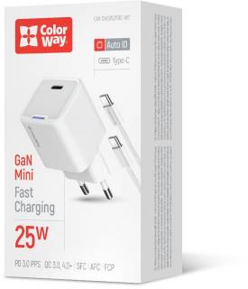 Зарядные устройства ColorWay GaN Mini 25W PD Port PPS USB-C white cable Type-C CW-CHS052PDC-WT