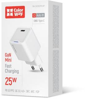Зарядные устройства ColorWay GaN Mini 25W PD Port PPS USB-C white CW-CHS052PD-WT