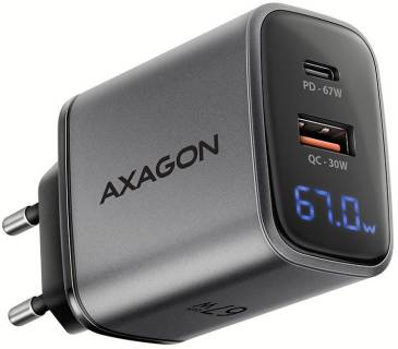 Зарядные устройства AXAGON 1xUSB-C PD67W + 1xUSB QC4+ PPS display gray ACU-PQ67D