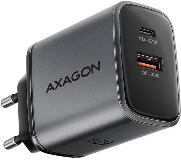 Зарядные устройства AXAGON 1xUSB-C PD67W + 1xUSB QC4+ PPS gray ACU-PQ67