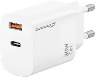 Зарядные устройства Grand-X GaN 1xUSB-C + 1xUSB QC3.0 36W white CH-360W