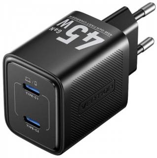 Зарядка Vention 2xUSB-C PD45W GaN black FEFB0-EU