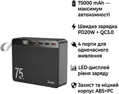 Дополнительные внешние аккумуляторы HOCO 75000 mAh Overlord PD/20W, QC/3.0/22.5W, Black J94 / 714739