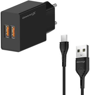 Зарядные устройства Grand-X 2xUSB 5V 2.4A + cable USB to USB-C black CH-15T