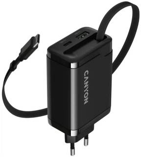 Зарядные устройства Canyon 1xUSB-C PD65W + 1xUSB QC3.0 + cable USB-C to USB-C CNS-CURC65ACB