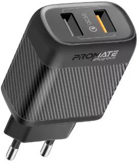 Зарядные устройства Promate 18W 2xUSB-A biplug-qc3.eu-bk