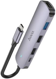 Разветвитель HOCO USB-C to HDMI+USB3.0+2xUSB2.0+PD HB27 Metal Gray 6931474769329