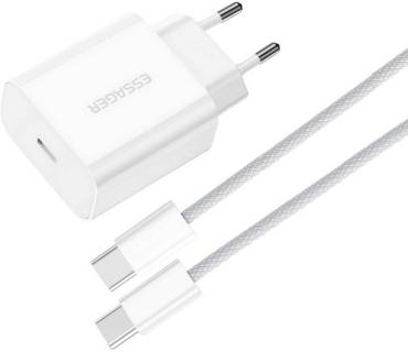 Зарядные устройства ESSAGER USB-C PD20W + cable USB-C to USB-C white EFJB02-JSTT2-T