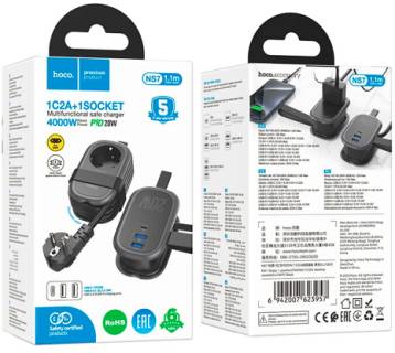 Фильтр HOCO NS7 1 роз, 2 USB,USB-C, 20W, 1.1м, Black NS7B