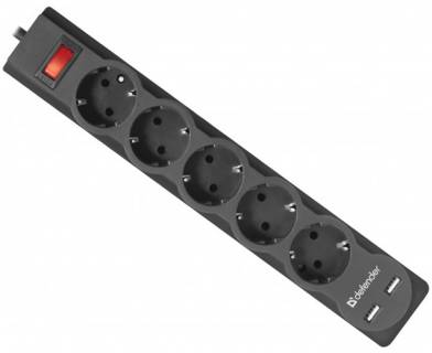 Фильтр Defender DFS 751, 1.8m, 5роз., 2xUSB 99751