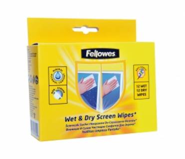 Средство FELLOWES 12 cухих + 12 пропитанных салфеток для чистки экранов f.99702
