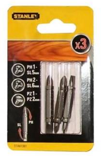 Биты STANLEY Биты двусторонние Ph1-SL5,Ph2-SL6,Pz1-Pz2, 48мм, 3шт STA61381