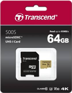 Карта памяти Transcend microSDXC 500S 64GB UHS-I U3 + adapter TS64GUSD500S
