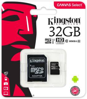 Карта памяти Kingston Canvas Select microSDHC 32GB C10 UHS-I R80MB/s + SD адаптер SDCS/32GB