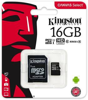 Карта памяти Kingston Canvas Select microSDHC 16GB C10 UHS-I R80MB/s + SD адаптер SDCS/16GB