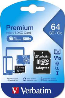 Карта памяти Verbatim Premium microSDXC 64GB + adapter 44084