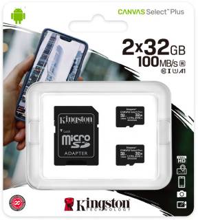 Карта памяти Kingston Canvas Select Plus Two Pack microSDHC 2x32GB + adapter SDCS2/32GB-2P1A