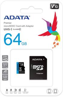 Карта памяти A-Data Premier microSDXC 64GB + Adapter AUSDX64GUICL10A1-RA1