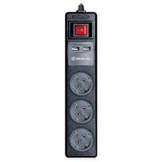 Сетевой фильтр REAL-EL RS-3 USB CHARGE 1.8m, black EL122500001